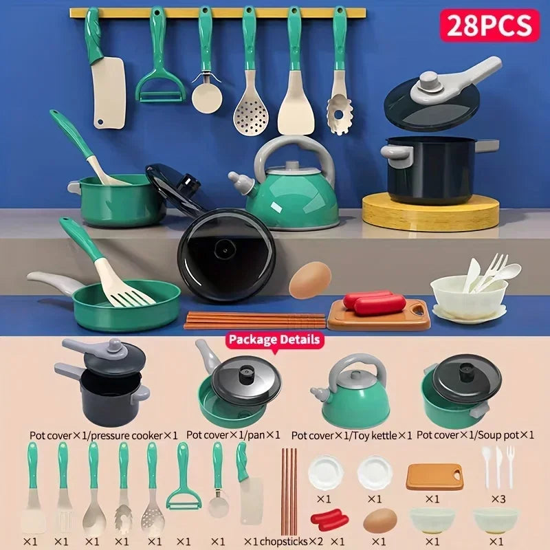 28pcs Mini Kitchen Accessories Set for Kids - Pretend Play Cooking Toys green