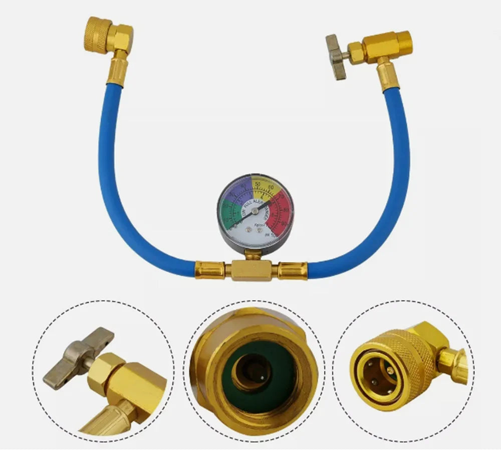 R134a Car AC Refrigeration Recharge Hose Kit with Pressure Gauge &amp; Quick Coupler