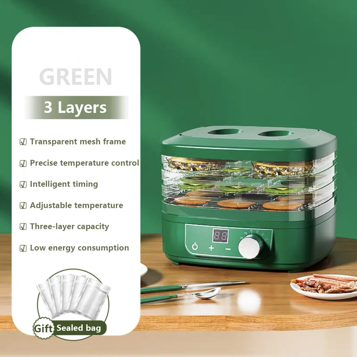 CUKYI Mini Food Dehydrator &ndash; Adjustable Temperature and Five Trays Green 3 Layer / CHINA