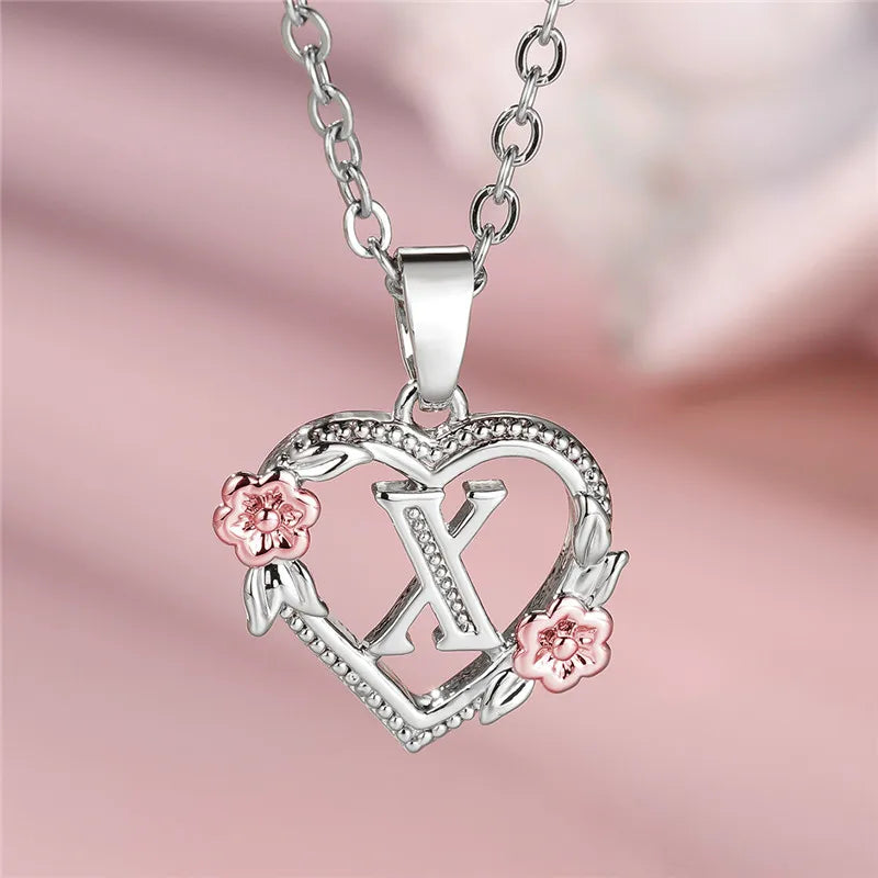 Charming Silver A-Z Letter Flower Pendant Necklace for Women X