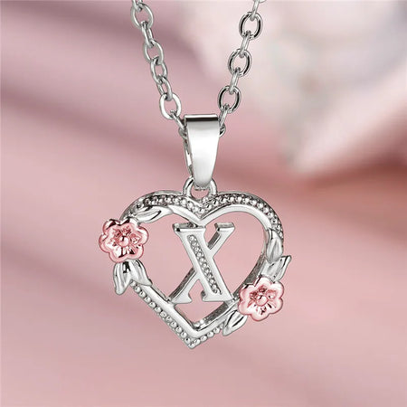 Charming Silver A-Z Letter Flower Pendant Necklace for Women X