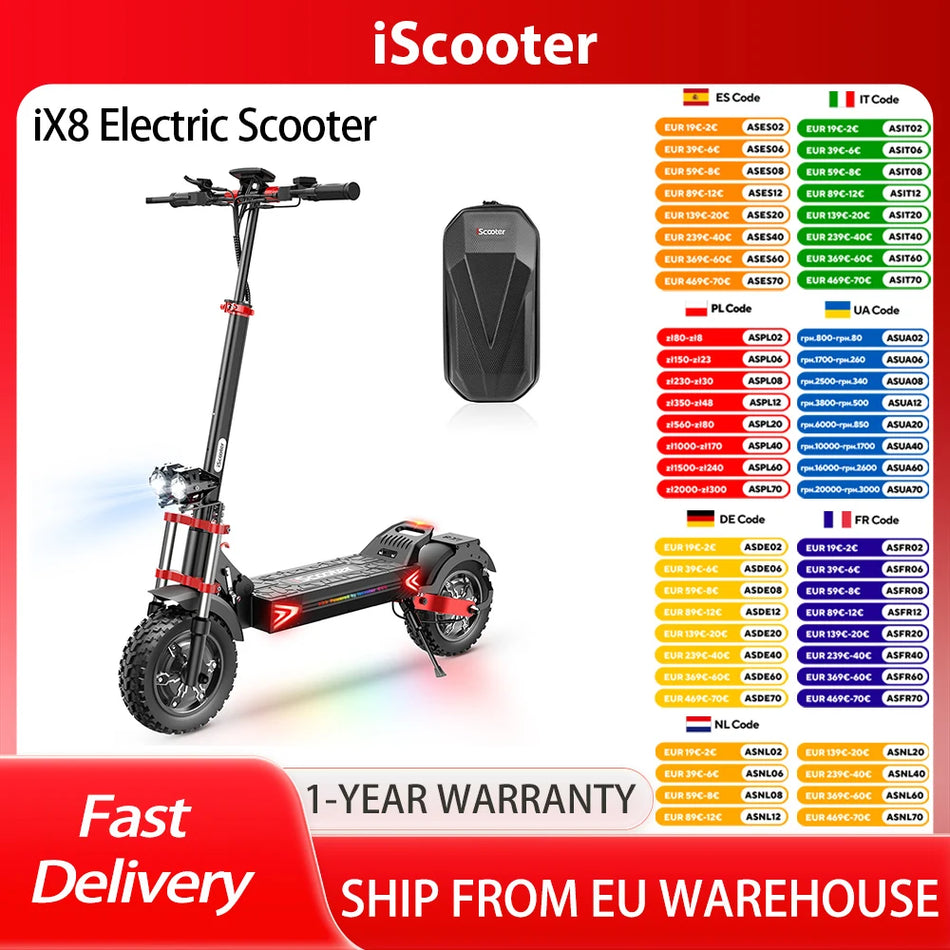 iScooter iX8 Ηλεκτρικό Πατίνι με Διπλούς Κινητήρες 1200W, Μέγιστη Ταχύτητα 60km/h, Αυτονομία 70km