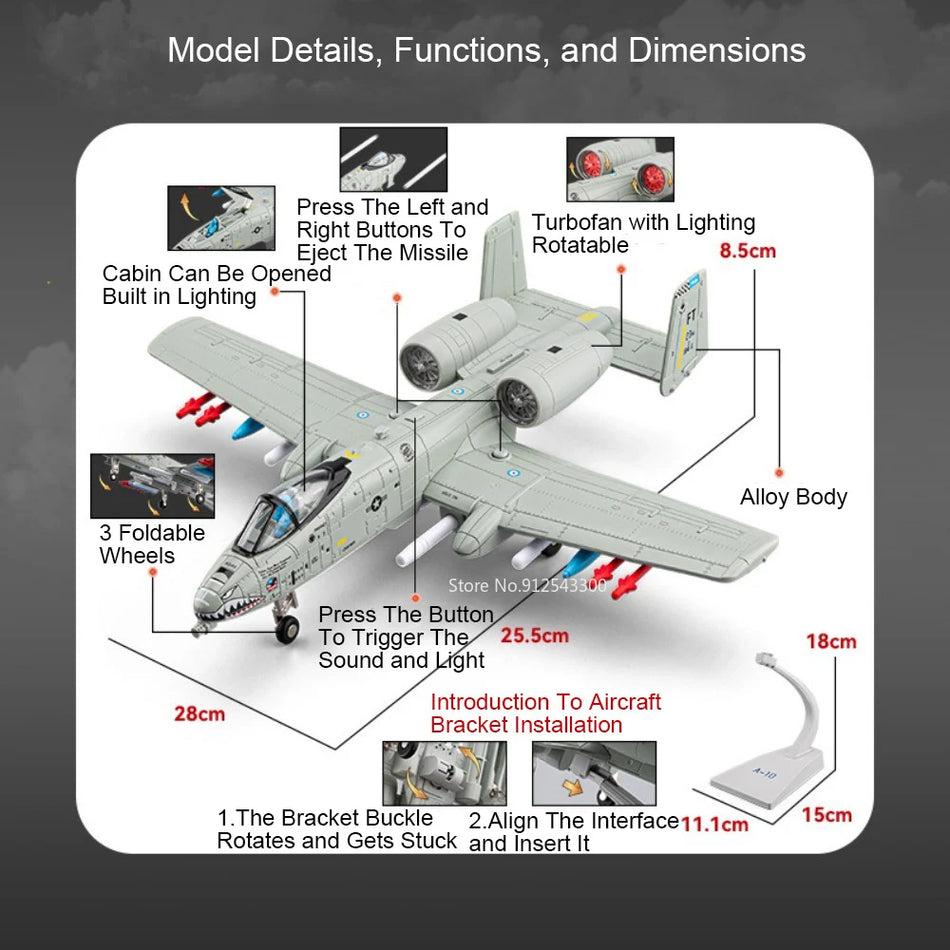 Diecast 1:32 A-10 un F-14 iznīcinātāju modeļu rotaļlietas ar metāla korpusu, skaņu un gaismu