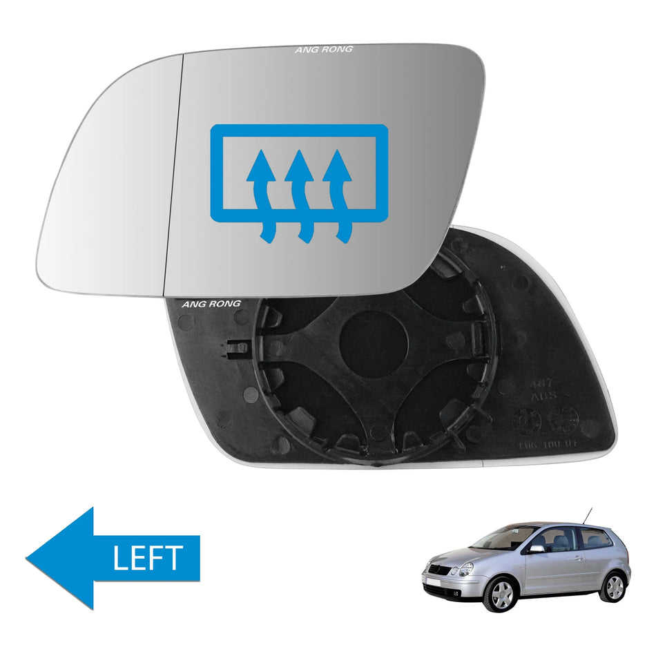VW Polo Left Heated Convex Rearview Mirror Glass With Plate