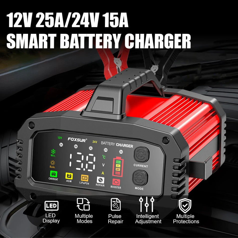 Didelės galios intelektualus stiprintuvas impulsinis automobilio akumuliatoriaus įkroviklis, 15A/24V ir 25A/12V
