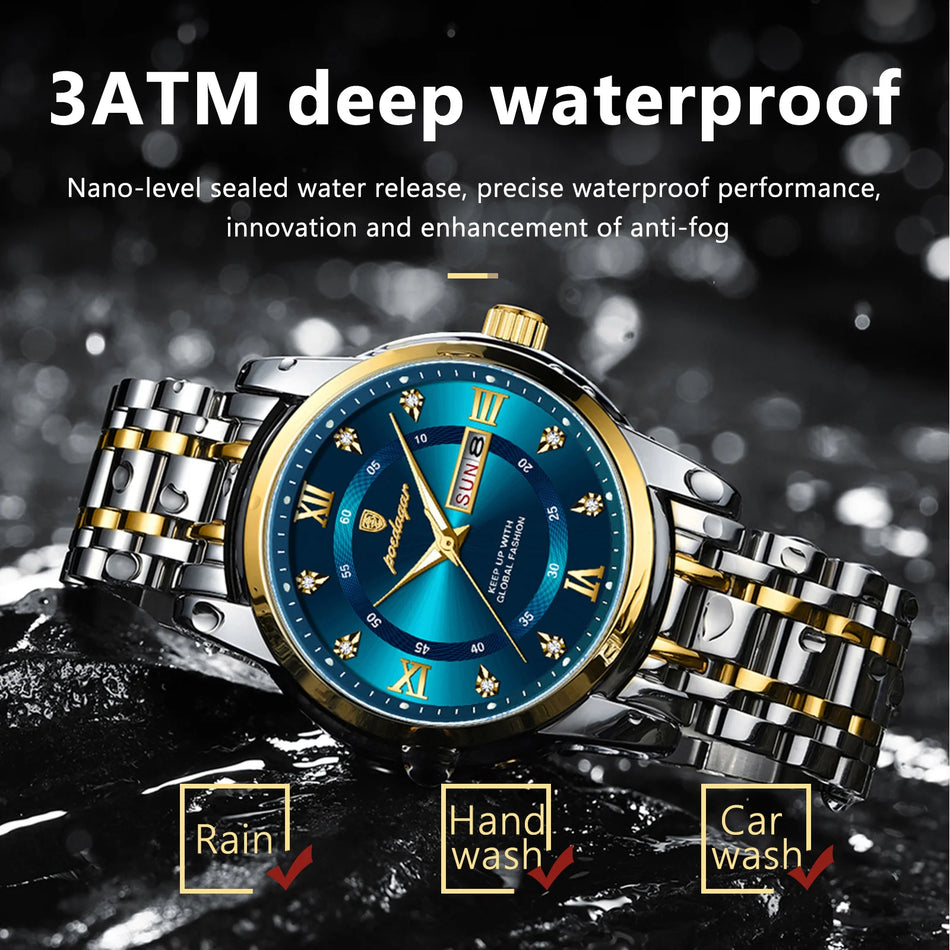 Luxury Stainless Steel Men's Watch With Date, Luminous Dial, Waterproof Quartz