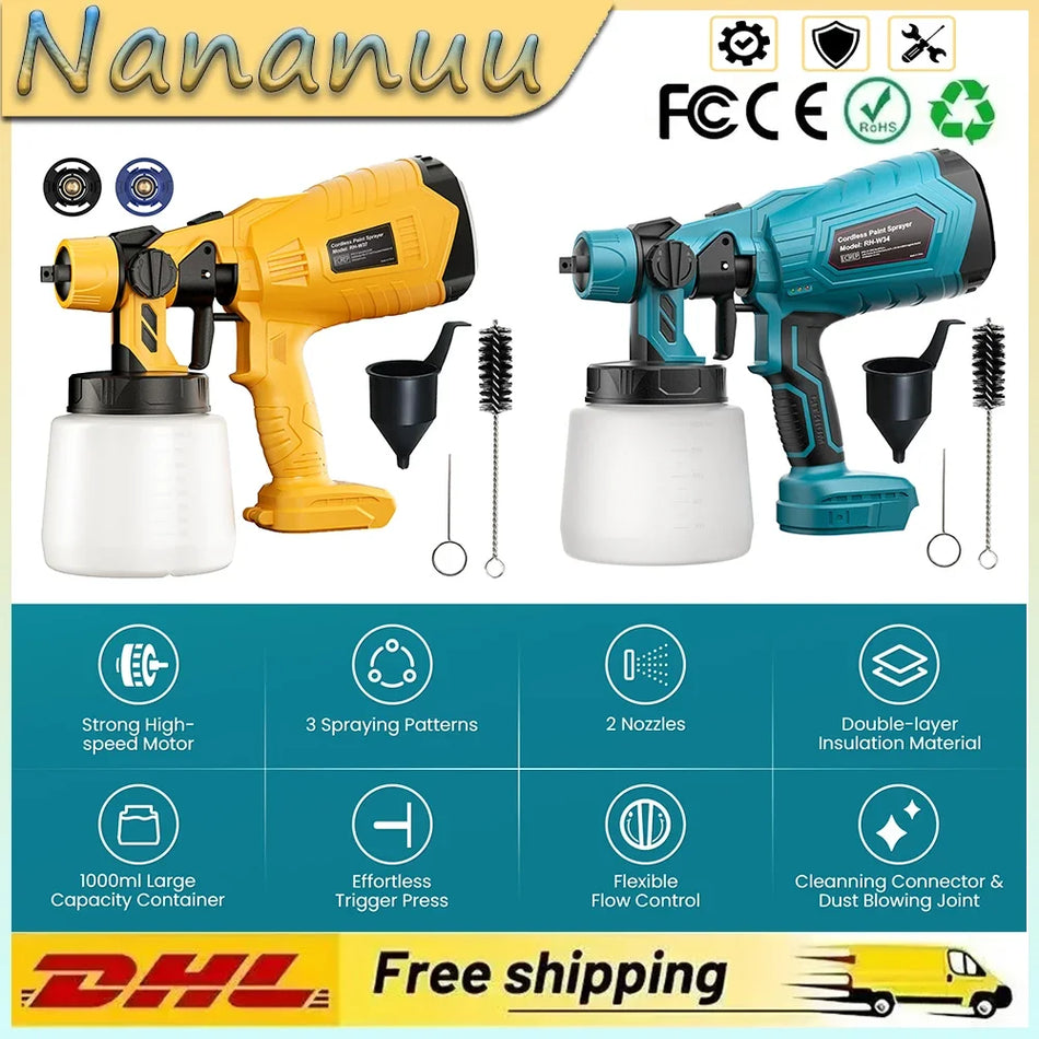 Cordless HVLP Paint Sprayer 1000ml Portable Coating Gun with 3 Spray Patterns