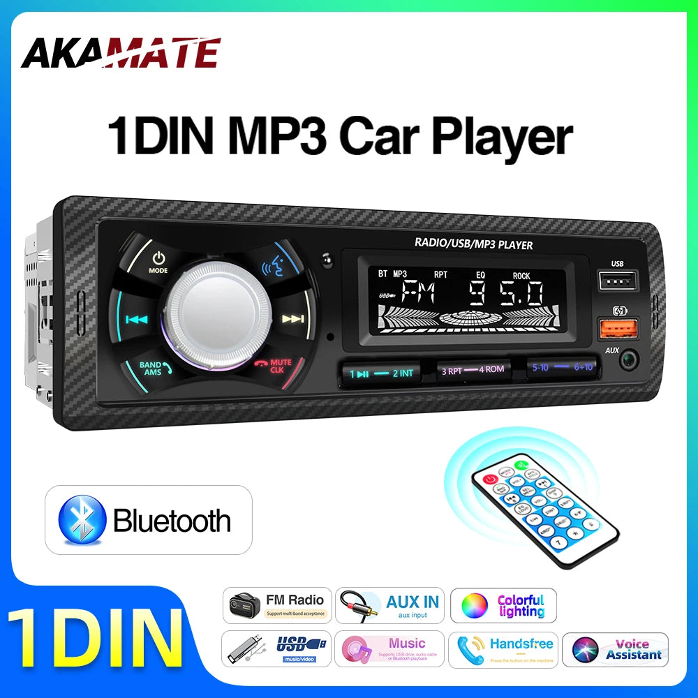 AKAMATE 1 Din Car Radio MP3 Player - Bluetooth Aux Charging