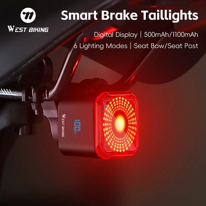 WEST BIKING Smart Brake Sensing Bicycle Taillight with Digital Power Display