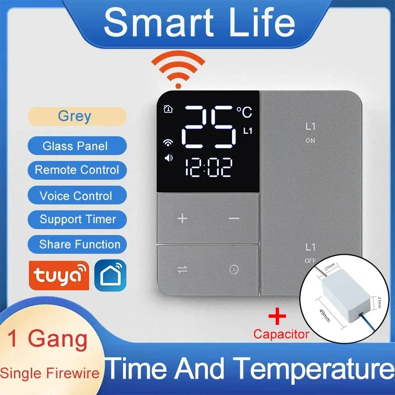 Tuya Smart Wifi Switch &ndash; Temp Time Display 100-250V 1G2G3G Grey LiveWire 1Gang