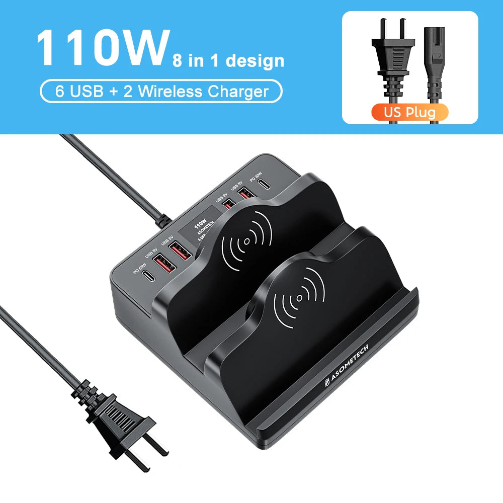 ASOMETECH 110W 6 Port USB Charger Station &ndash; Dual Fast Wireless Charging US Plug