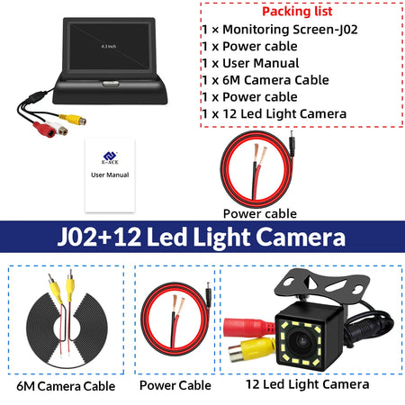 E-ACE 4.3 Inch Car Rear View Monitor - Folding Easy Install J02-12 Led Camera