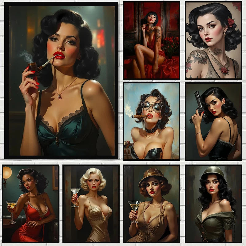 Sexy Woman with Wine Pop Art Canvas Painting | Vintage Wall Decor