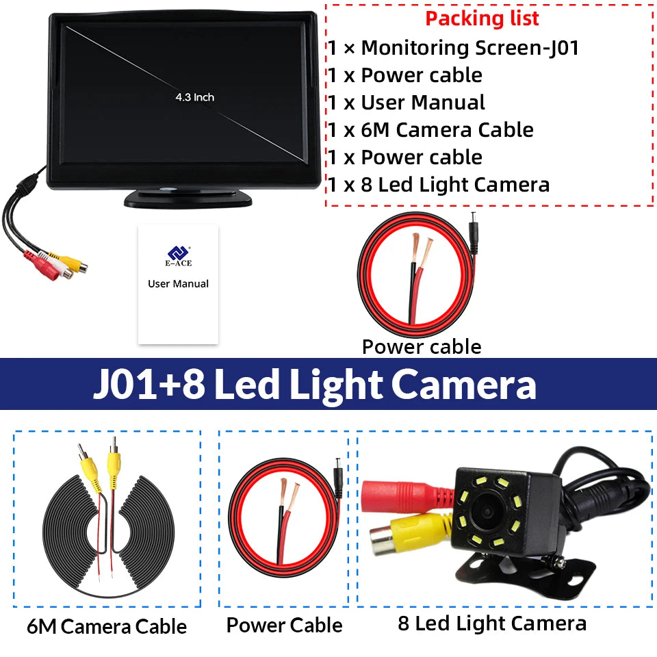 E-ACE Rear View Camera Kit &ndash; Night Vision DVR Waterproof J01-8 Led Camera