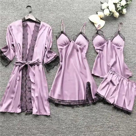 Silk Pajamas Set - 4PCS for All Seasons with Lace and Stylish Belt ZY012 / XL