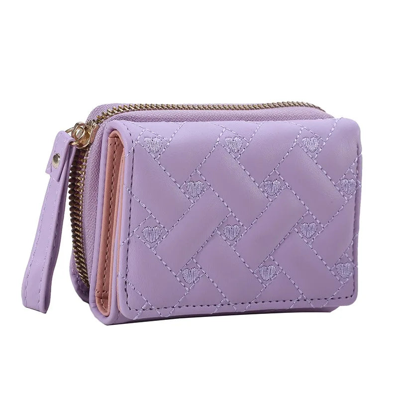 Korean Minimalist Embroidered Love Pattern Tri-Fold PU Wallet for Women light purple