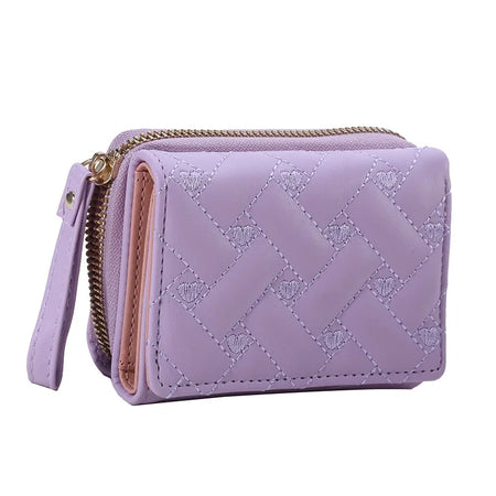 Korean Minimalist Embroidered Love Pattern Tri-Fold PU Wallet for Women light purple