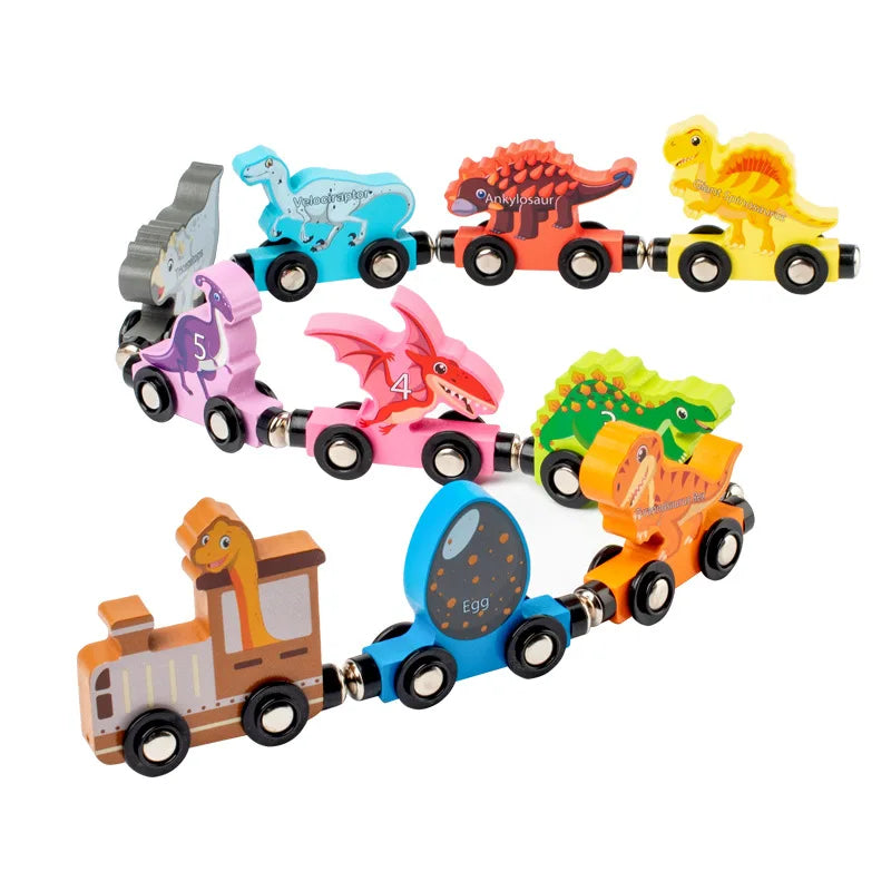 Montessori Magnetic Wooden Educational Train Set - Learning Colors and Animals Puzzle for Kids, Includes 10 Carriages with Cute Themes Dinosaur