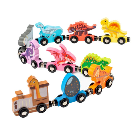 Montessori Magnetic Wooden Educational Train Set - Learning Colors and Animals Puzzle for Kids, Includes 10 Carriages with Cute Themes Dinosaur