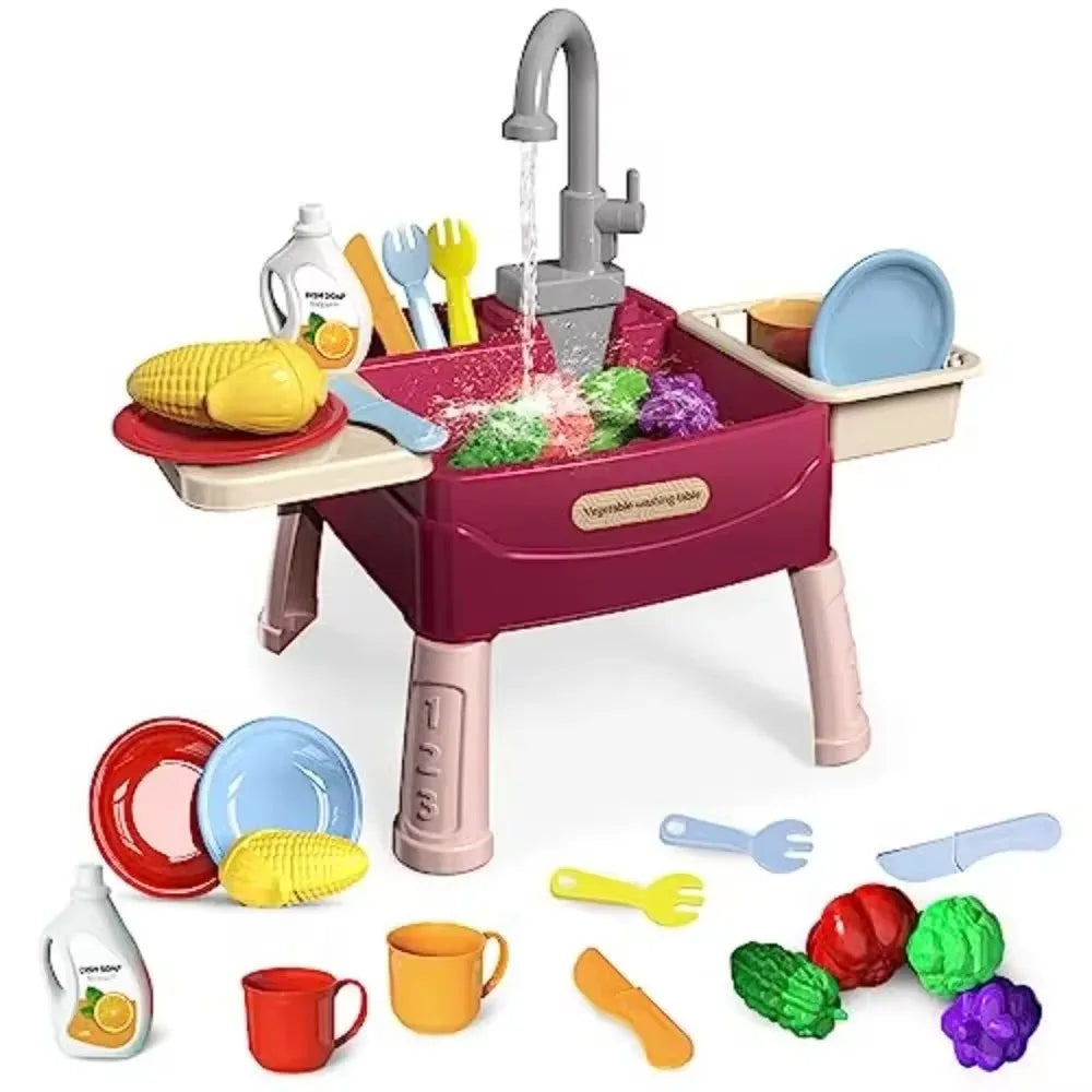 Electric Kitchen Simulation Toy with Dishwashing and Vegetable Washing Features RED