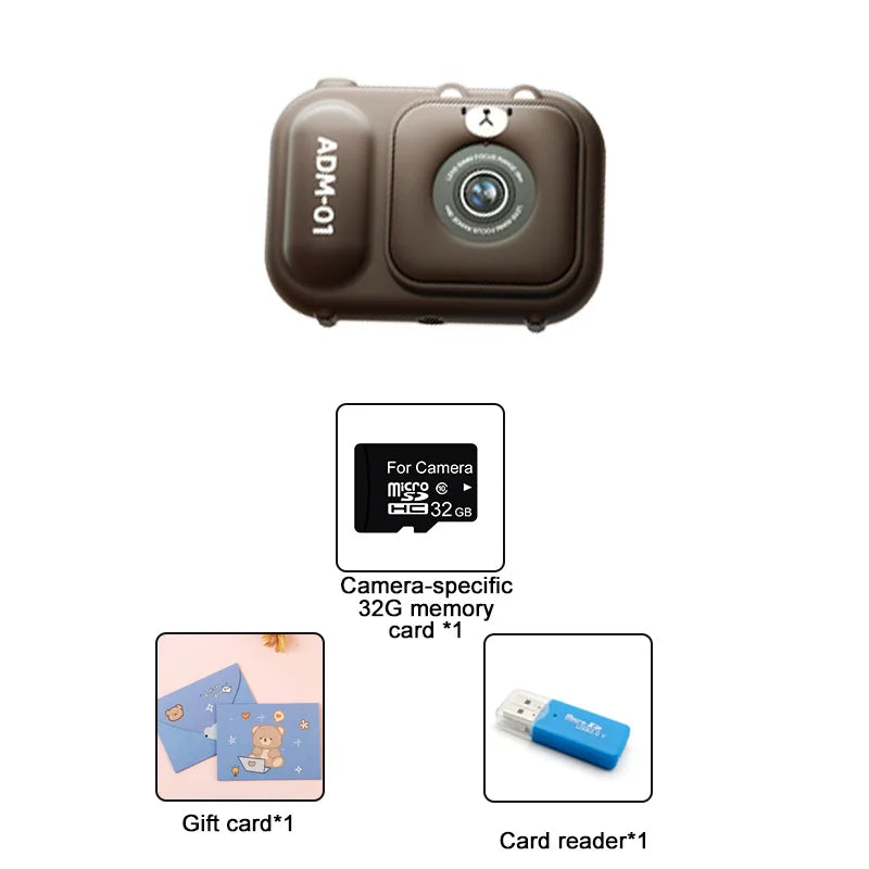 Children Video Camera For Kids - Dual Front And Rear Lenses Brown-without bag