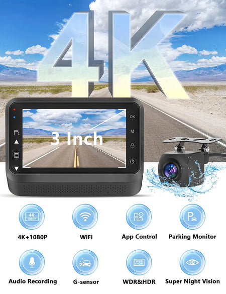 Kocam 4K UHD Dash Cam &ndash; Dual Lens Front and Rear with Night Vision