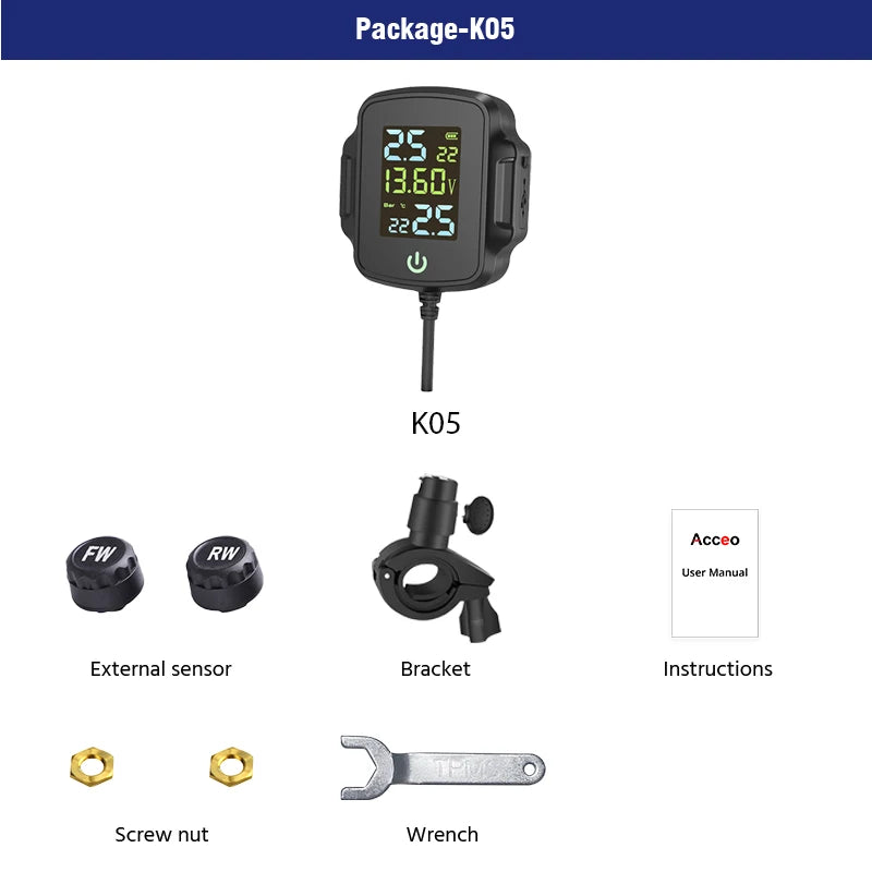 ACCEO K05 TPMS Motorcycle Monitor &ndash; 2 External Sensors