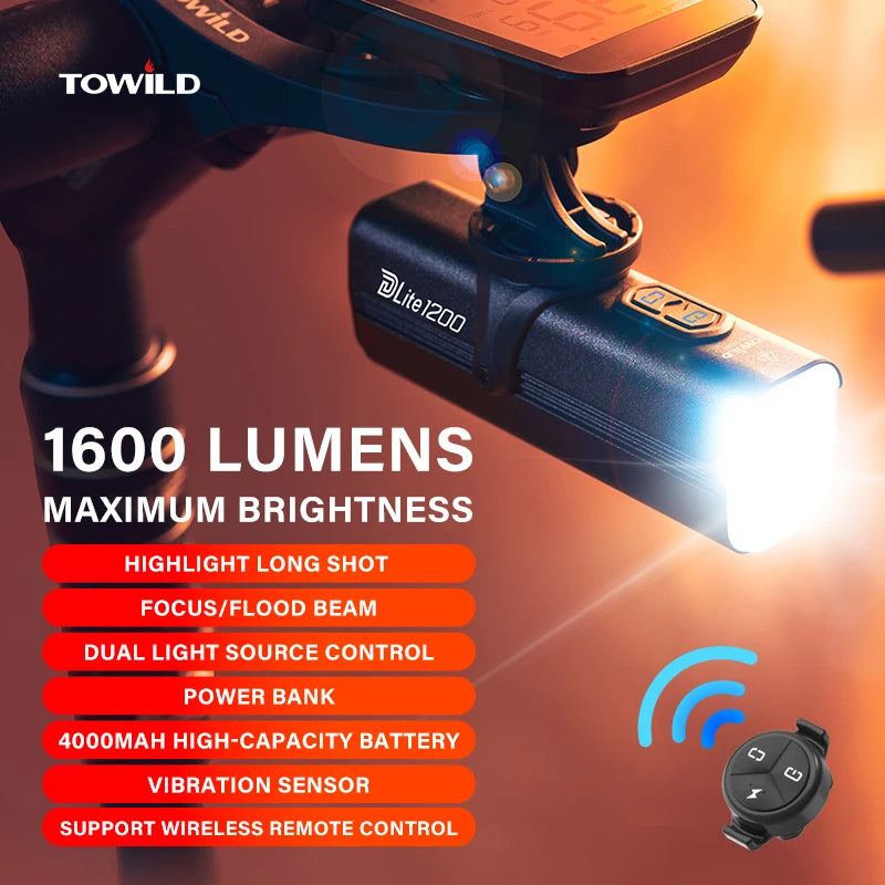 TOWILD DLite1200 Bicycle Light With 1600LM Dual Focus Flood Beam, Aluminum Alloy Front Headlight IPX6