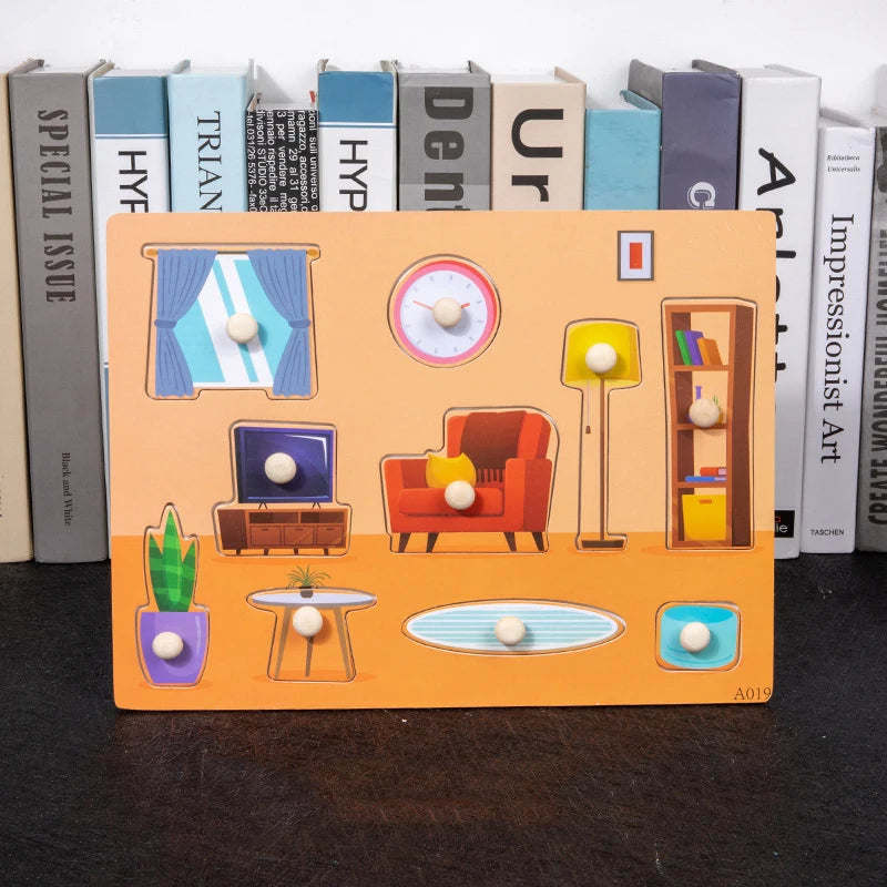 Montessori Wooden Baby Puzzle Toys for Toddlers 1-3 Years | Hand Grab Board Game for Fine Motor Skills Development parlor 30x22.5cm