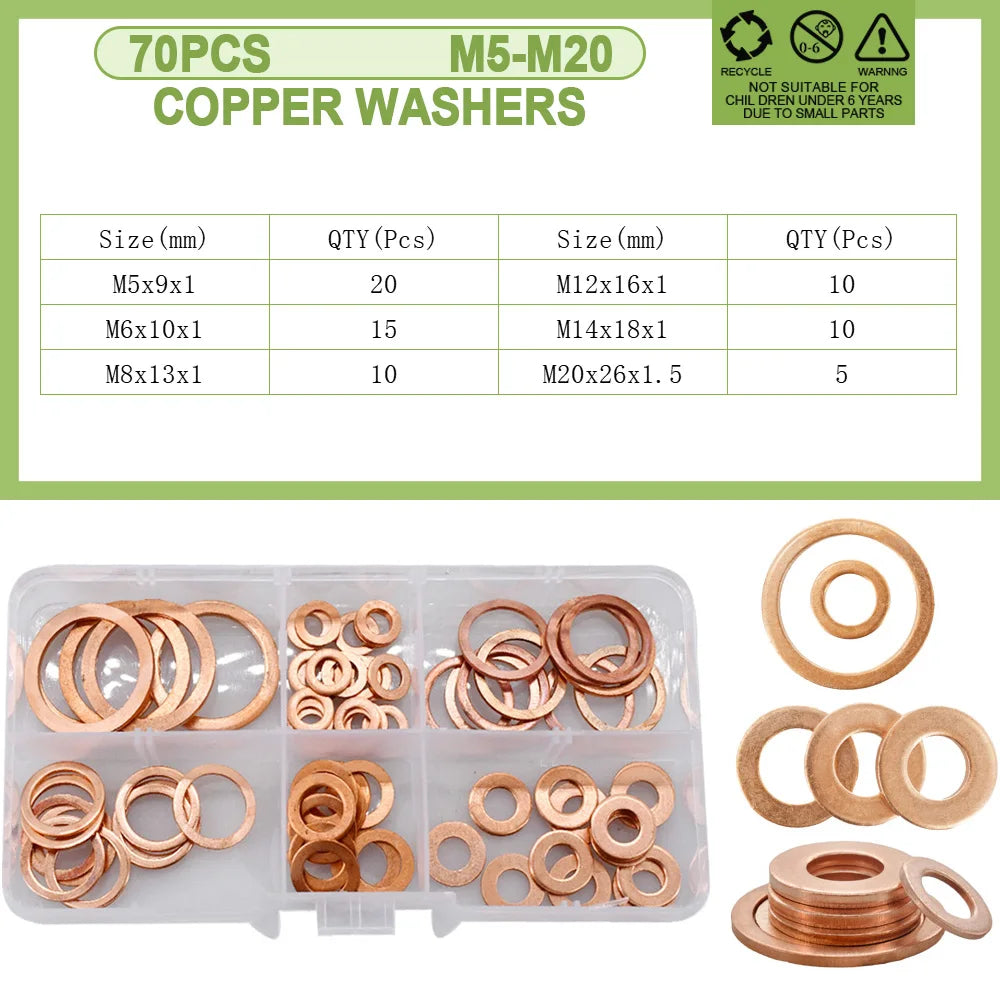 Copper Sealing O-ring Gasket Kit for Boat and Motorcycle Style A  70Pcs