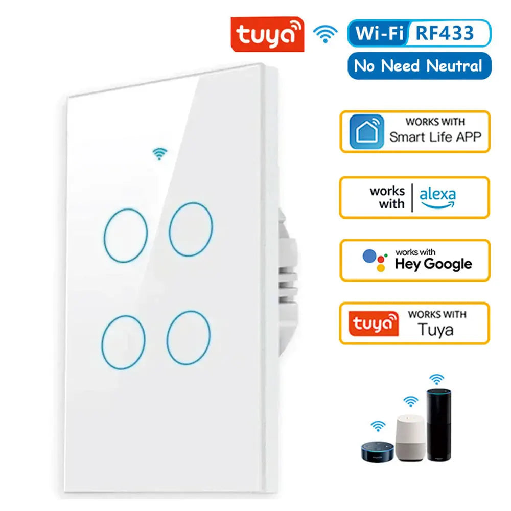 Tuya US WiFi Smart Wall Switch - Alexa &amp; Google Home Compatible White 4 Gang