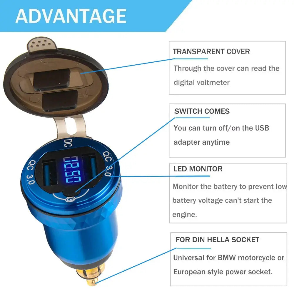 DIN Hella Plug USB PD 3.0 QC3.0 USB Charger Power Adapter Voltmeter with ON-Off Switch For BMW For Ducati For Tiger 900 800 by InterCyprus Trading Ltd