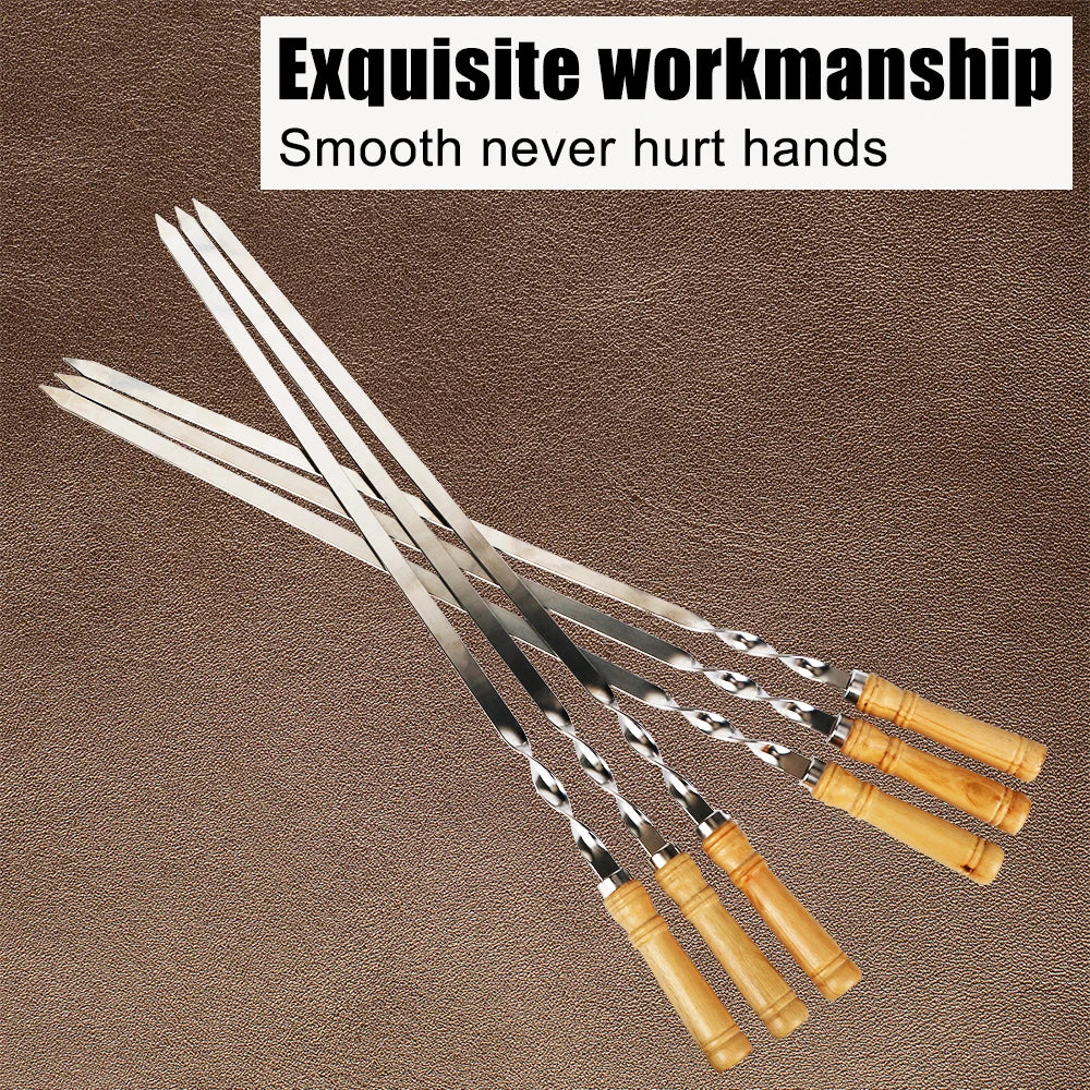 Long Handle Stainless Steel BBQ Skewers with Wooden Grip - 6pcs Set