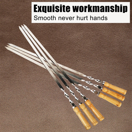 Long Handle Stainless Steel BBQ Skewers with Wooden Grip - 6pcs Set