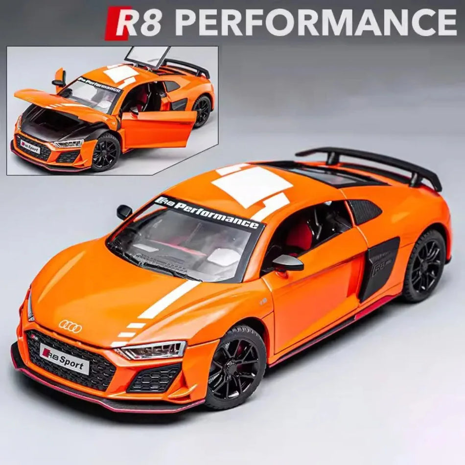 Avtomobil na daljinsko vodenje R8 V10 A8 v merilu 1:24 iz zlitine s funkcijo povlečenja, zvokom in lučmi.