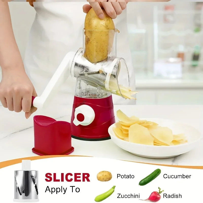 Manual Vegetable Cutter &amp; Slicer - Multifunctional Cheese &amp; Garlic Shredder with 3 Sharp Drums
