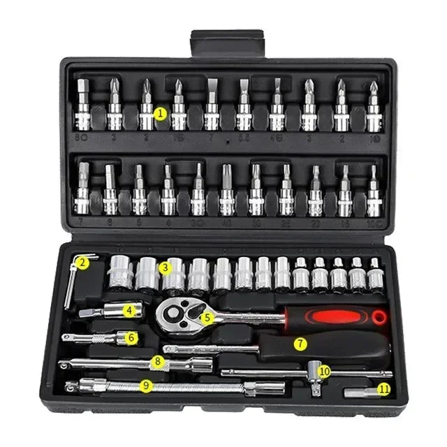 46/53 Piece Car Repair Tool Kit - Socket, Ratchet, Torque Wrench Combo 46 PCS Black