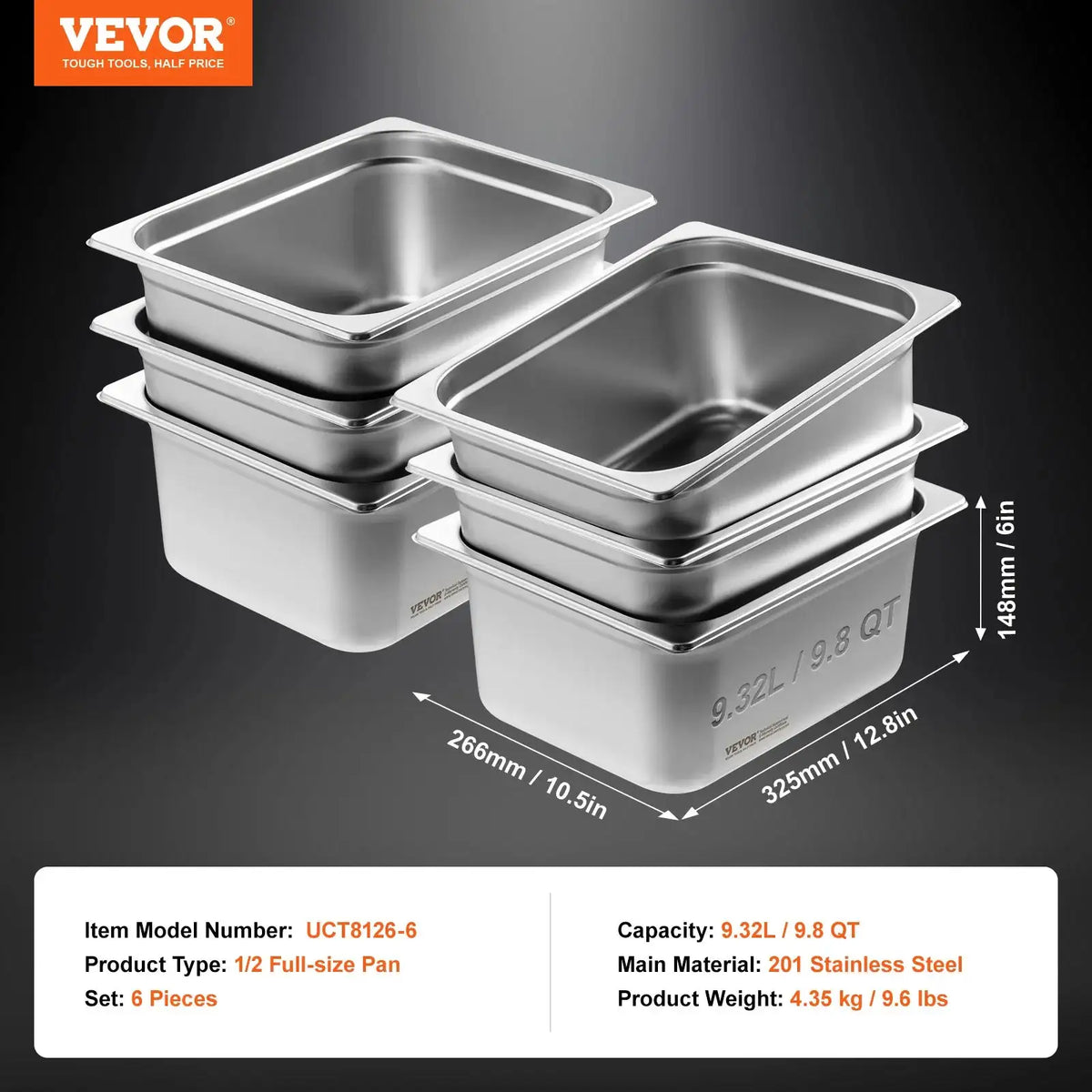 Half Size Steam Table Pan 4 Deep Stainless Steel 6pcs 9.8QT / UNITED KINGDOM