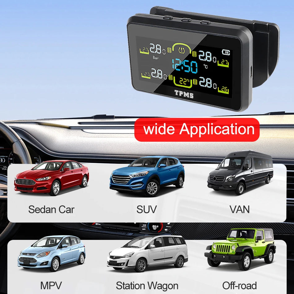Car TPMS Tire Pressure Monitoring System with 4 Sensors, Digital Clock