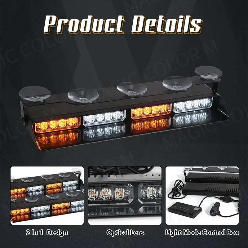 2-in-1 32 LED Car Strobe Lights For Emergency Flash Warning Lamp Windshield Bar Red Blue Amber White Waterproof Auto Assembly by InterCyprus Trading Ltd