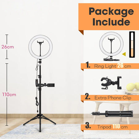 Professional Tripod with LED Ring Light for Phone and Camera 26cmLamp 110cm Stand