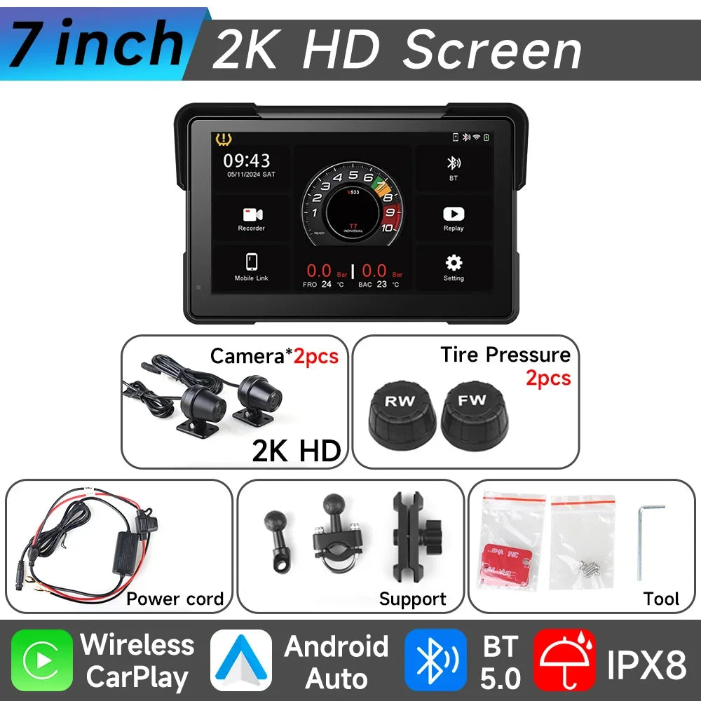 JIUYIN 7 Inch Motorcycle GPS &ndash; IP67 Waterproof Touch Screen with Wireless CarPlay and Android Auto M772-TMPS / CHINA