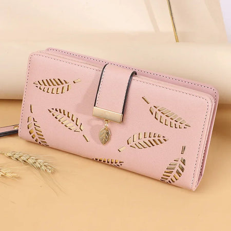 Ladies' PU Leather Hollow Leaves Long Zipper Wallet Pink / CHINA