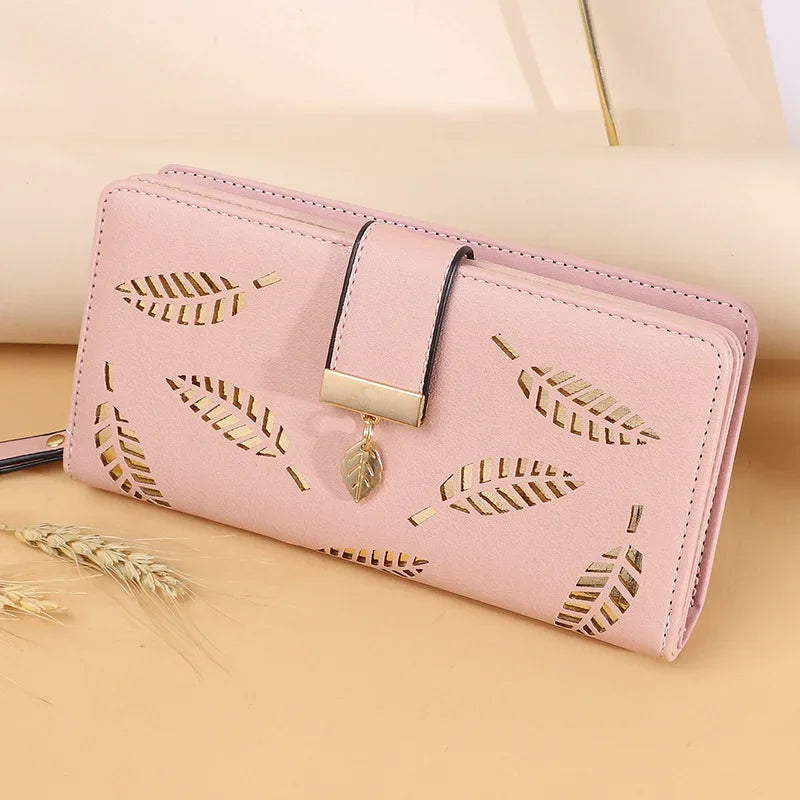 Ladies' PU Leather Hollow Leaves Long Zipper Wallet Pink / CHINA
