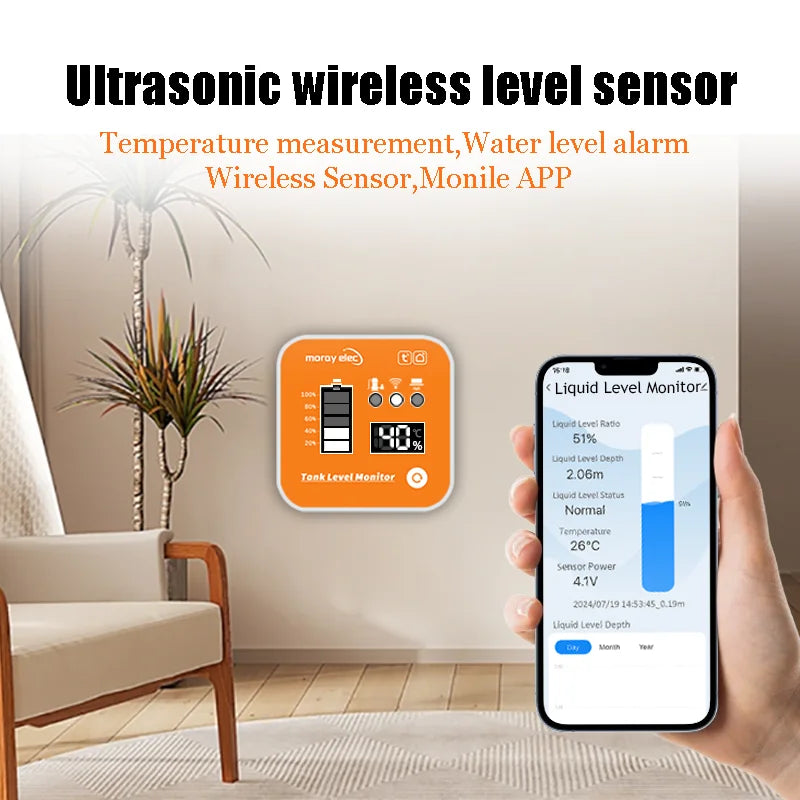 Solar Ultrasonic Water Level Sensor with Wireless LED Display and Temperature Alarm