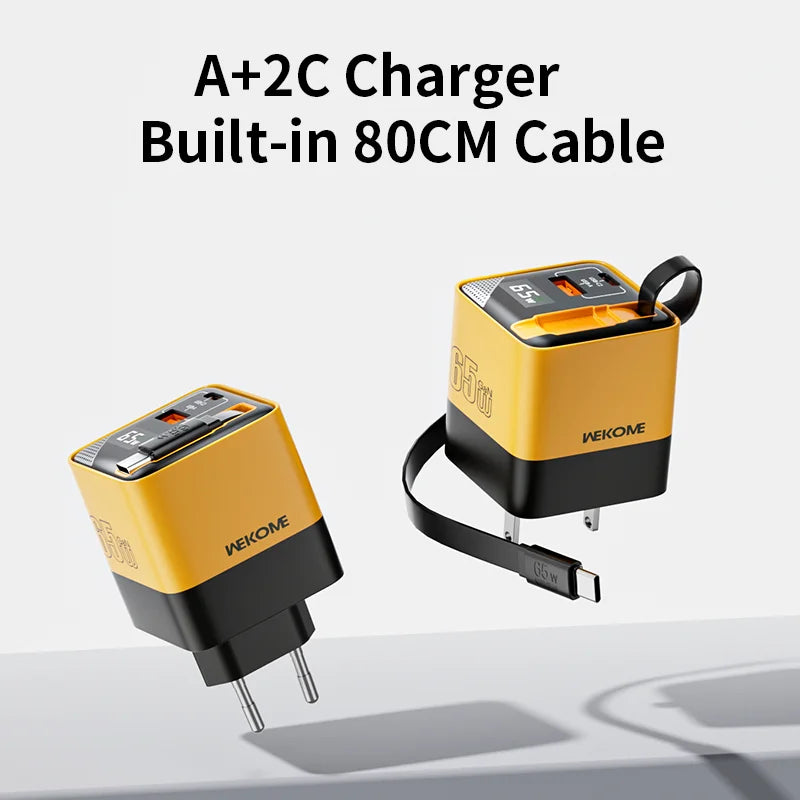 CrownQu 65W USB-C Fast Charger &ndash; Intelligent Charge with Built-in 80cm Type-C Cable