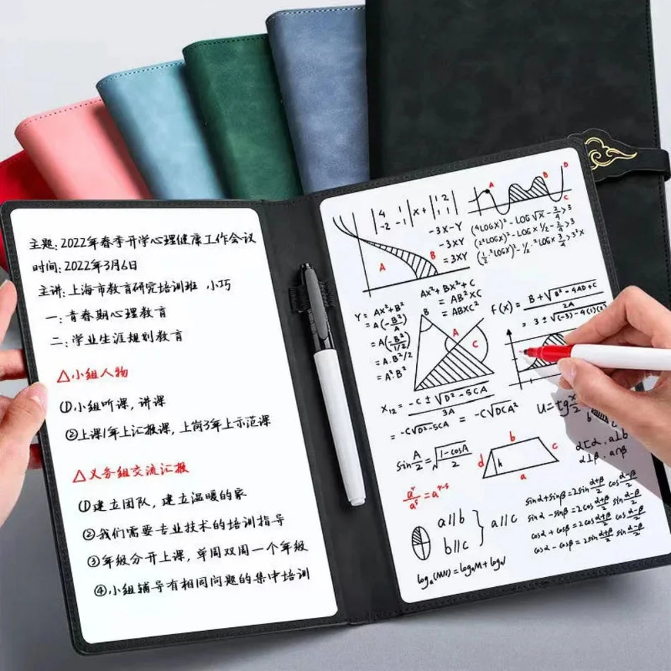 Conjunto de Caderno de Quadro Branco Reutilizável A5 com Caneta, Pano de Limpeza e Bloco de Notas em Couro