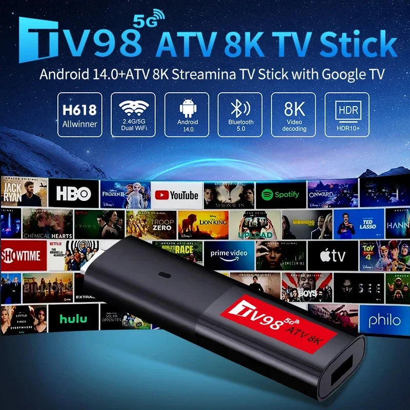 TV98 ATV Mini TV Stick - 8K HDR Streaming with Android 14