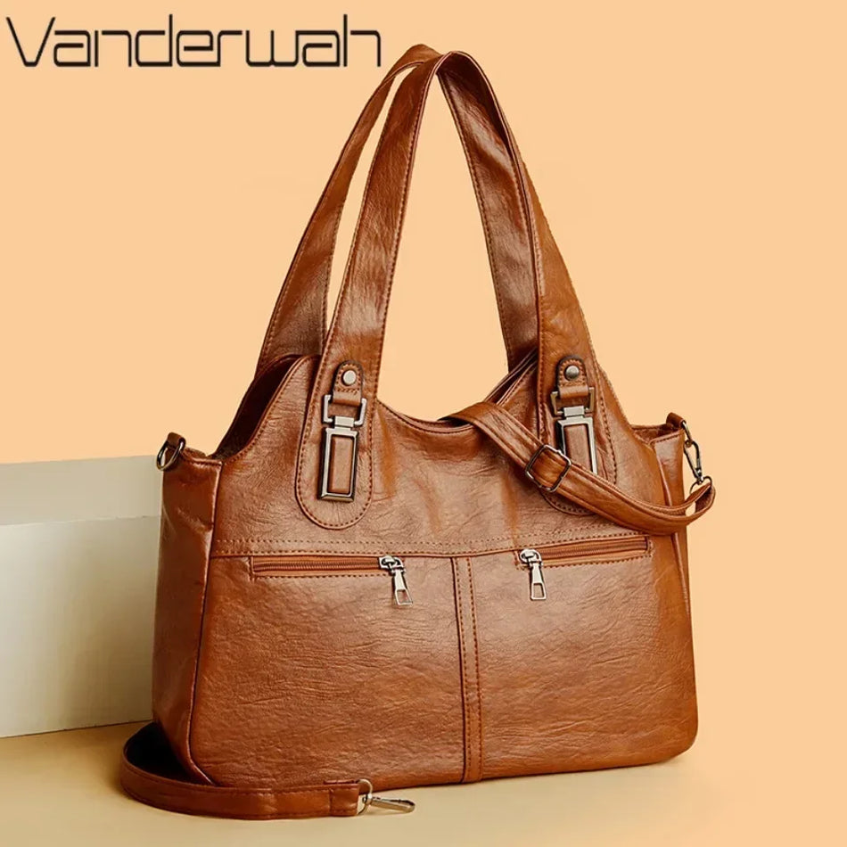 Borsa a spalla in pelle morbida per donna con design a tinta unita, borsa a tracolla casual tote