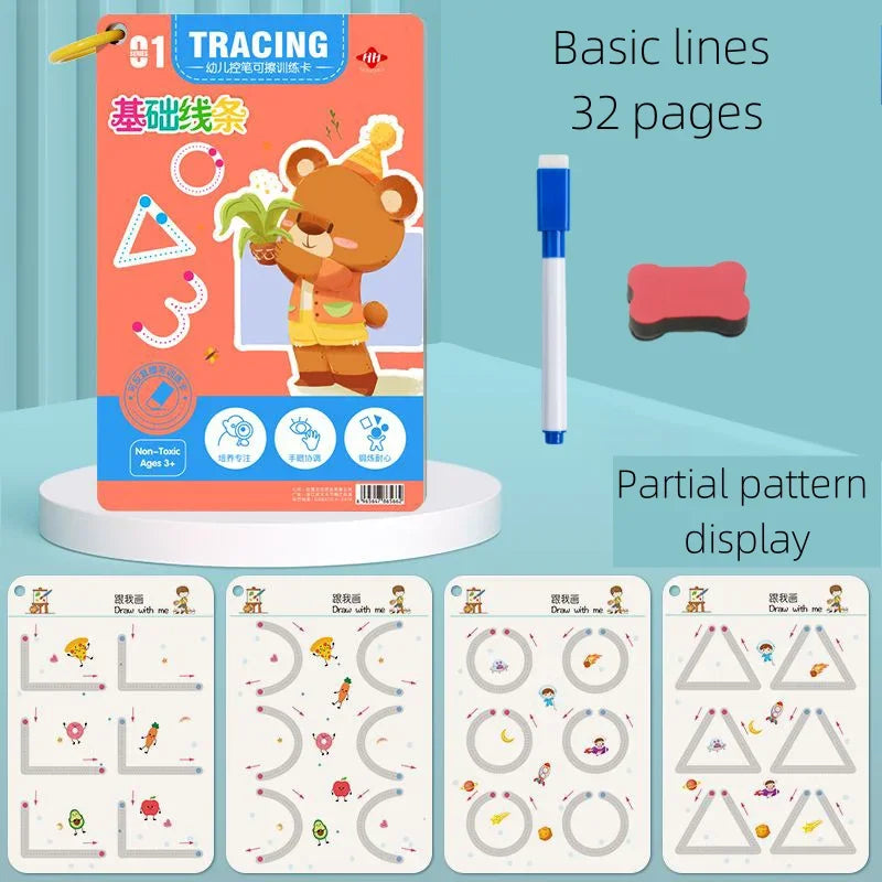 Magical Montessori Tracing Workbook for Kids - Reusable Educational Calligraphy &amp; Drawing Book Line